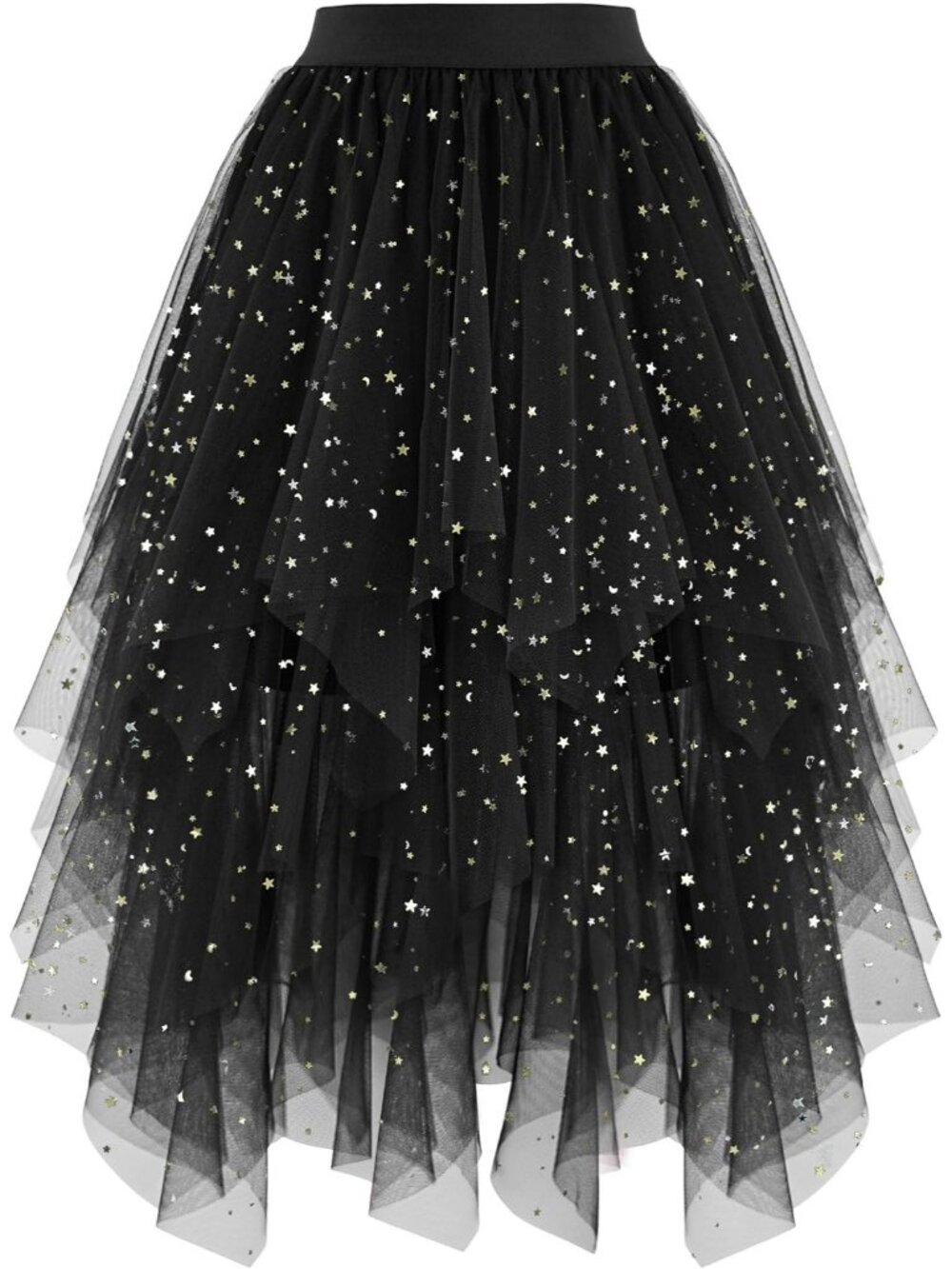 Women's Layered Tulle Midi Skirt High Low Puffy Fairy Tutu Skirt-Black Squin